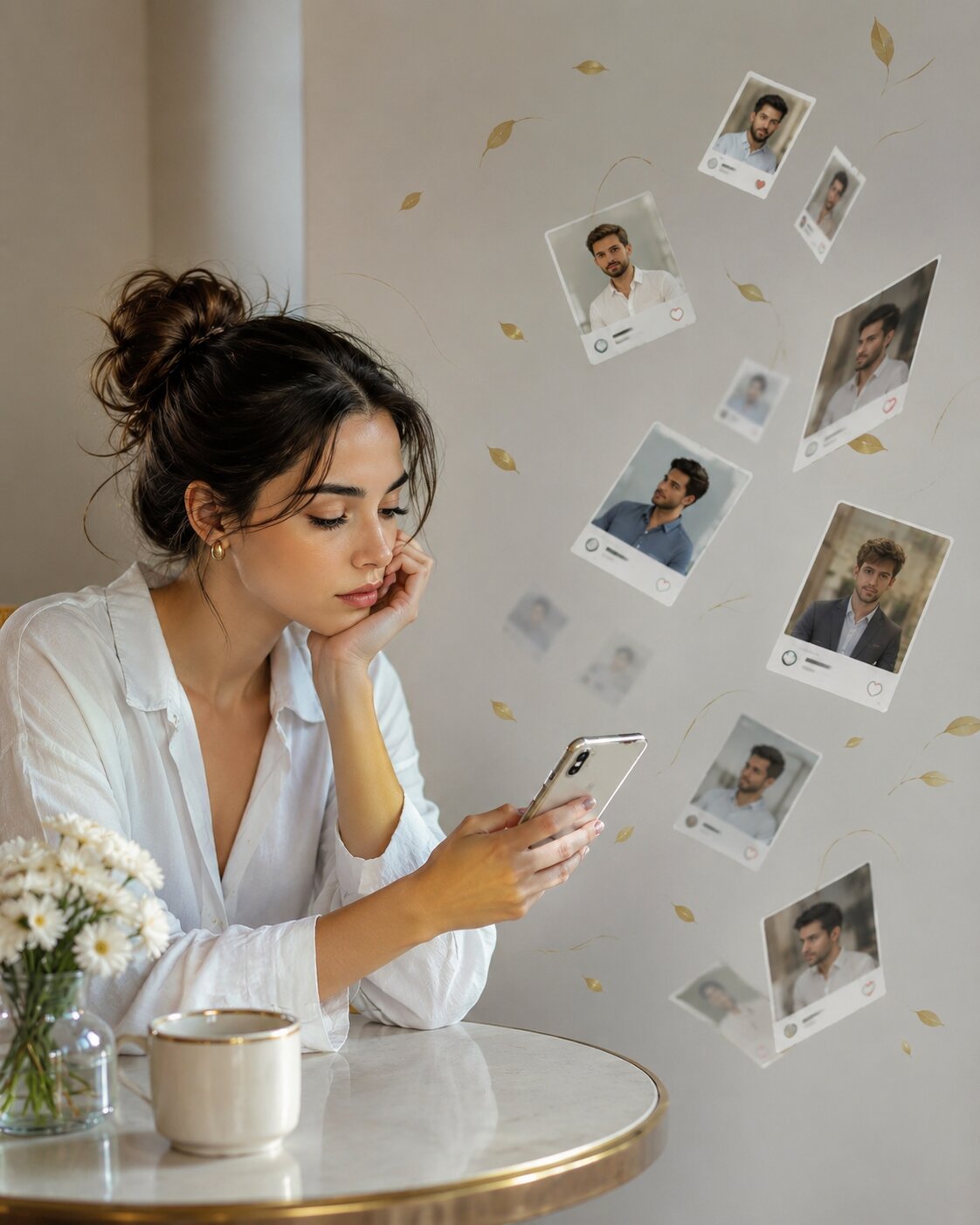 A woman scrolling endlessly through profiles on her phone